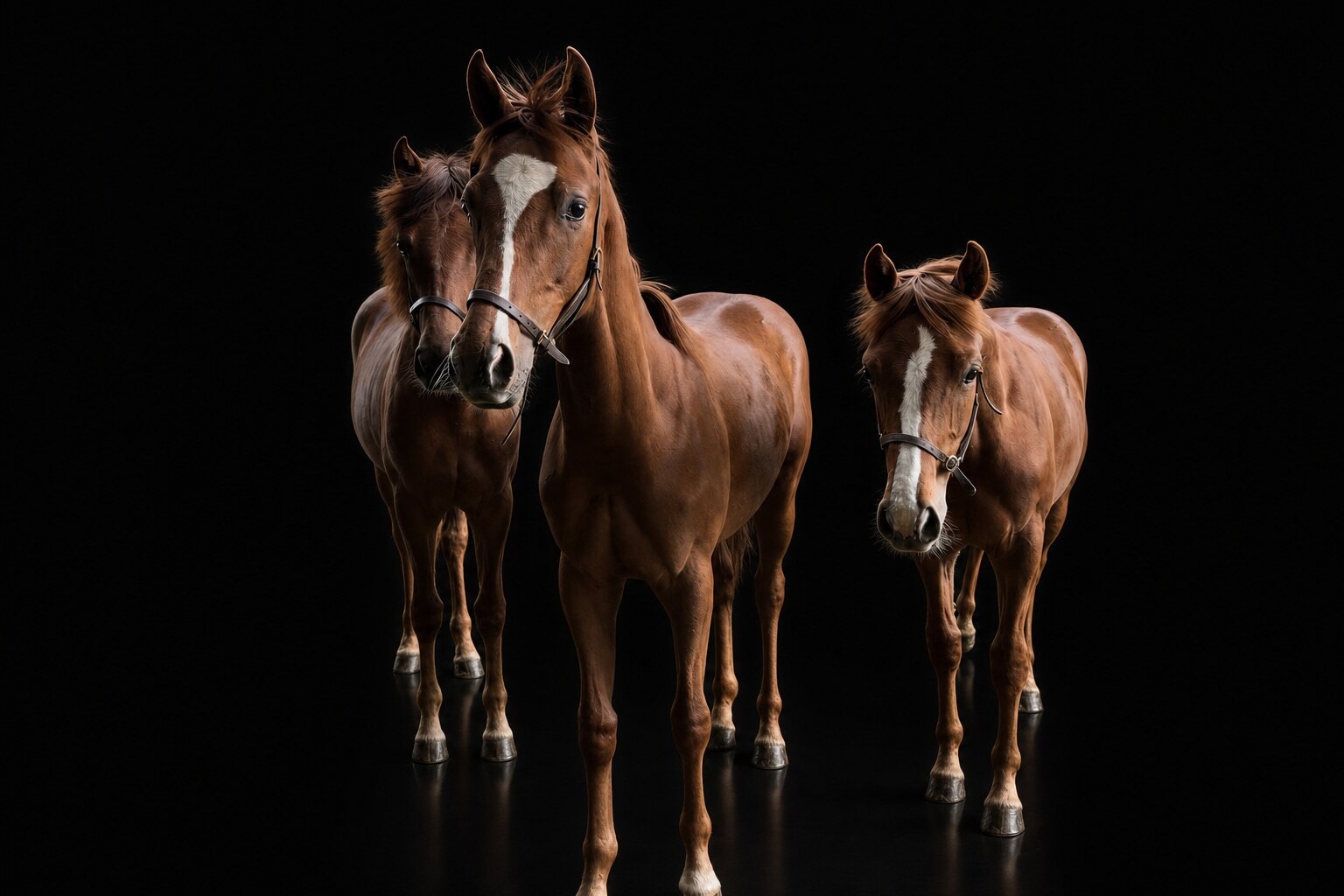 Three young Dewlish-bred chestnut polo ponies, side by side in the studio dark